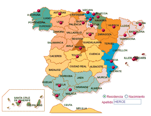 Mapa distribuci+?n peninsular del apellido Herce